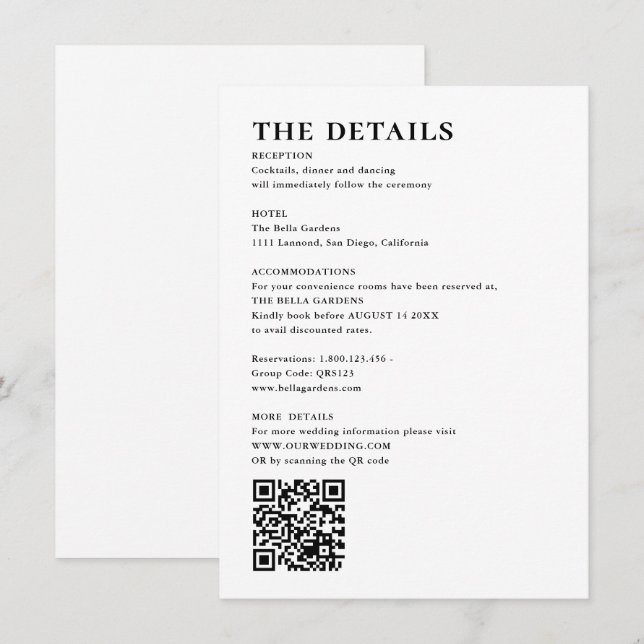 Carte D'accompagnement Mariage élégant et simple avec détails et code QR (Devant / Derrière)