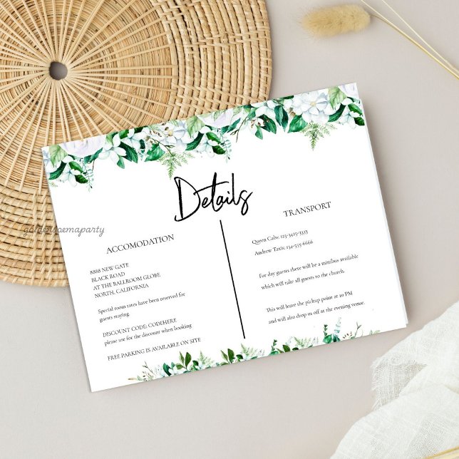 Carte D'accompagnement Mariage Élégant Fleurs Blanches et Verdure (Elegant White Floral and Greenery Wedding Enclosure Card)