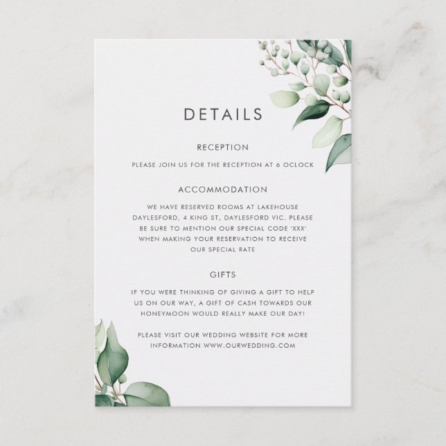 Carte D'accompagnement Mariage Élégant Minimaliste à la Verdure d'Eucalyp (Devant)
