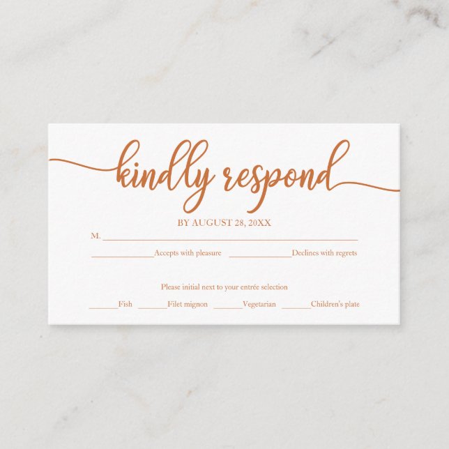 Carte D'accompagnement Mariage en cuivre et calligraphie blanche RSVP (Devant)