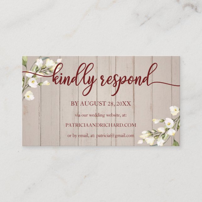 Carte D'accompagnement Mariage en ligne RSVP blanc Floral Rustique Bois E (Devant)