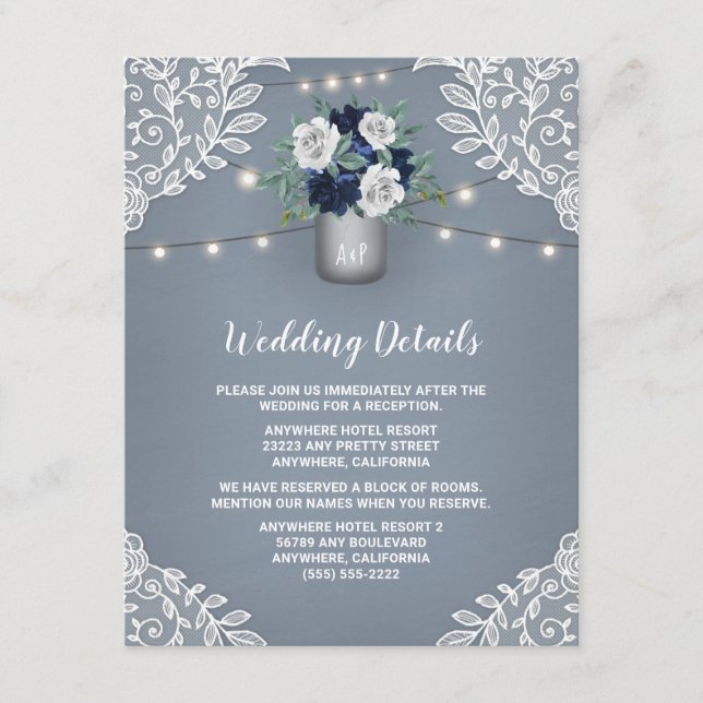Carte D'accompagnement Mariage en pot Mason avec dentelle blanche et bleu (Devant)