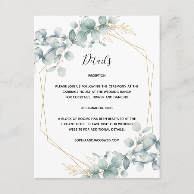 Carte D'accompagnement Mariage Eucalyptus Rustique Géométrique Or Vert (Devant)
