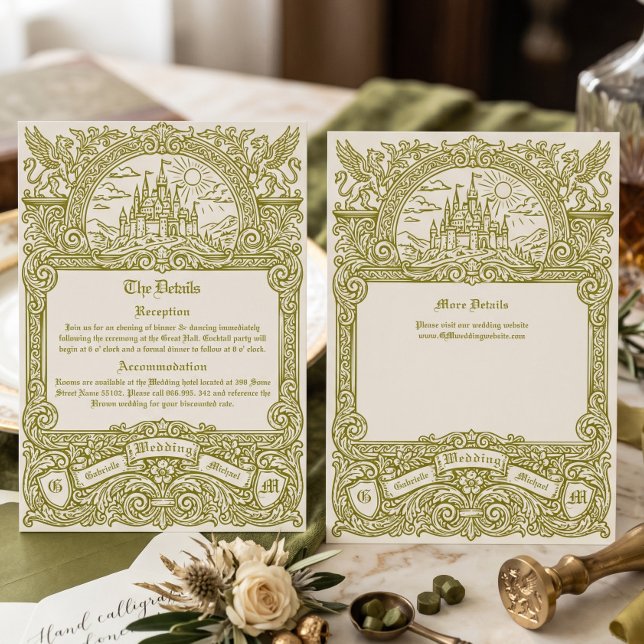Carte D'accompagnement Mariage Fantasy Médiéval Vintage Vert Olive (Créateur téléchargé)