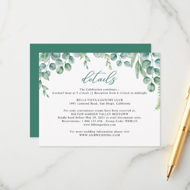 Carte D'accompagnement Mariage Feuille de l'Eucalyptus (Devant/Arrière en situation)