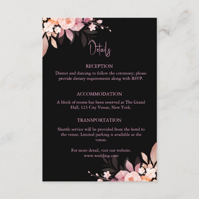 Carte D'accompagnement Mariage Fleur Rose Noir et Blush (Devant)