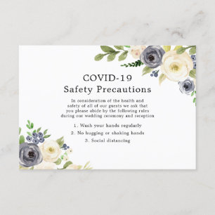Carte D'accompagnement Mariage Fleurs Bleu Marine & Blanc Sécurité COVID-