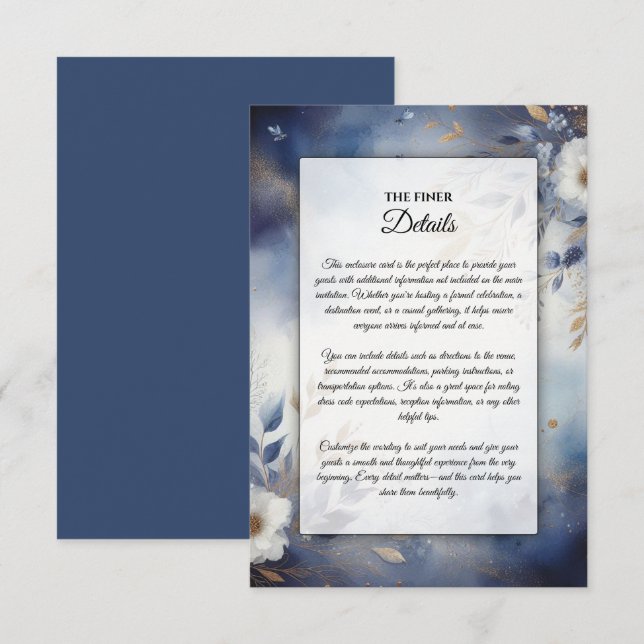 Carte D'accompagnement Mariage Fleurs Bleu Nuit et Or (Devant / Derrière)