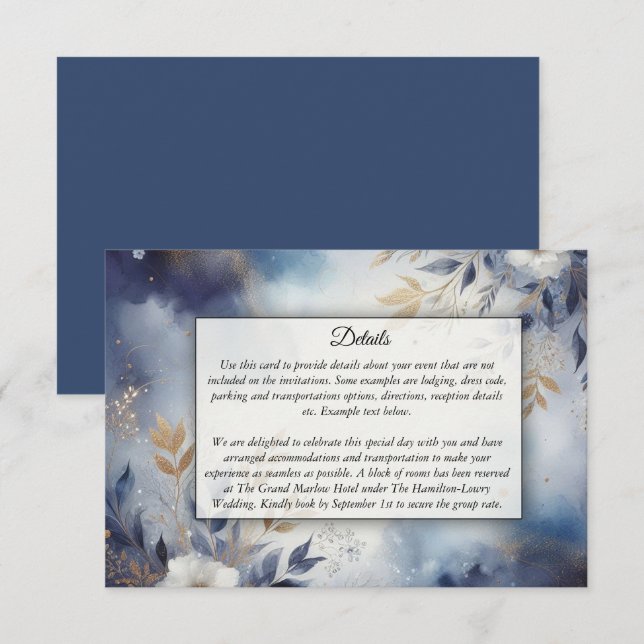 Carte D'accompagnement Mariage Fleurs Bleu Nuit et Or (Devant / Derrière)