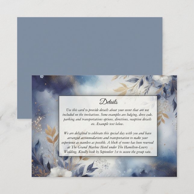 Carte D'accompagnement Mariage Fleurs Bleu Nuit et Or (Devant / Derrière)