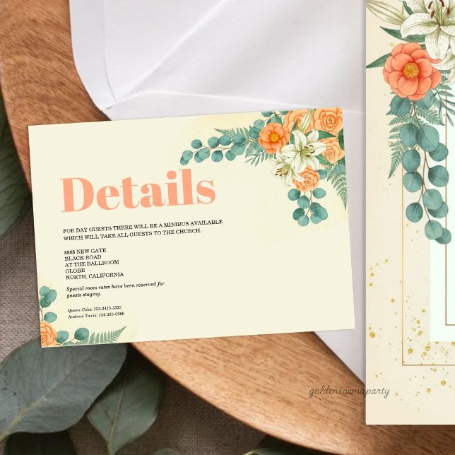 Carte D'accompagnement Mariage Fleurs de Pêche et Feuillage d'Eucalyptus (Peach Floral and Eucalyptus Greenery Wedding Enclosure Card)