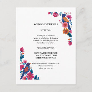 Carte D'accompagnement Mariage Fleurs et Oiseaux Folkloriques Traditionne
