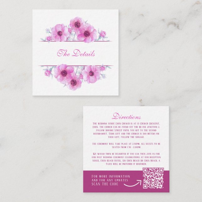 Carte D'accompagnement Mariage floral à anémone rose détails QR code (Devant / Derrière)