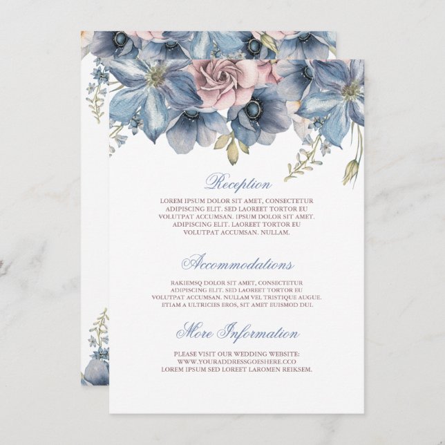 Carte D'accompagnement Mariage floral aquarelle bleu poussiéreux et mauve (Devant / Derrière)