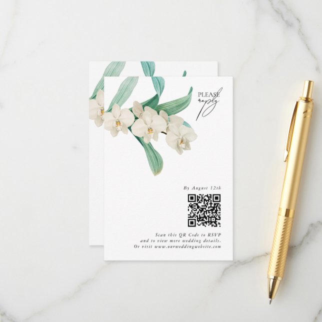 Carte D'accompagnement Mariage Floral Aquarelle Orchidées Blanches (Devant/Arrière en situation)