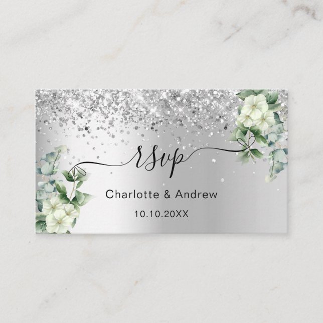 Carte D'accompagnement Mariage floral blanc argenté site web RSVP QR code (Devant)