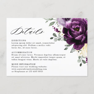 Carte D'accompagnement Mariage floral blanc blanc blanc blanc de prune d'