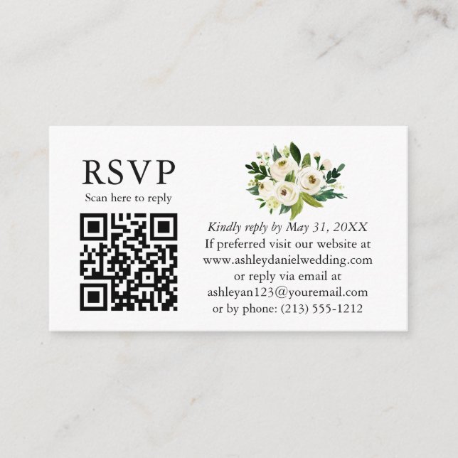 Carte D'accompagnement Mariage floral blanc vert aquarelle QR RSVP (Devant)