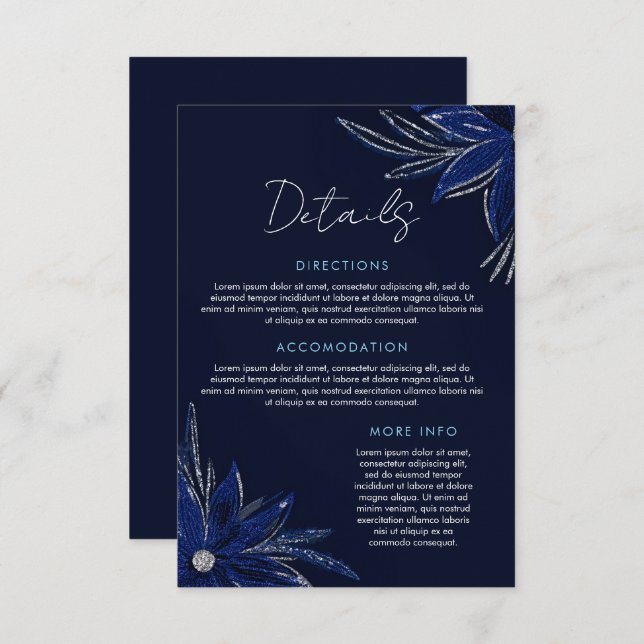 Carte D'accompagnement Mariage floral bleu argenté et marine (Devant / Derrière)
