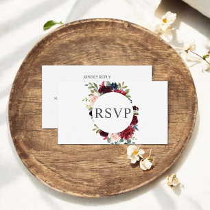Carte D'accompagnement Mariage Floral Bleu Burgundy Et Marine RSVP