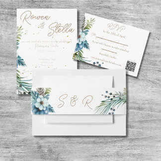 Carte D'accompagnement Mariage floral bleu et or personnalisable RSVP