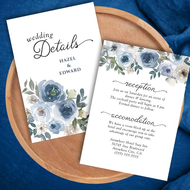 Carte D'accompagnement Mariage floral bleu foncé moderne (Modern Elegant Dusty Blue Floral Wedding Enclosure Card)