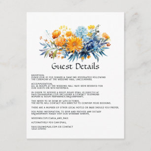 Carte D'accompagnement Mariage Floral bleu, orange et jaune Détails de l'