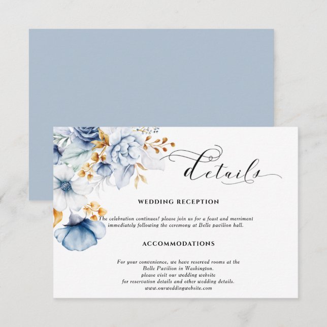 Carte D'accompagnement Mariage floral bleu poussiéreux blanc or  (Devant / Derrière)