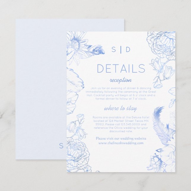 Carte D'accompagnement Mariage Floral Bleu Rustique (Devant / Derrière)