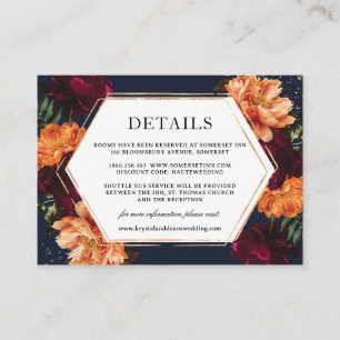 Carte D'accompagnement Mariage Floral Bordeaux Brûlé Orange Sombre et Mau