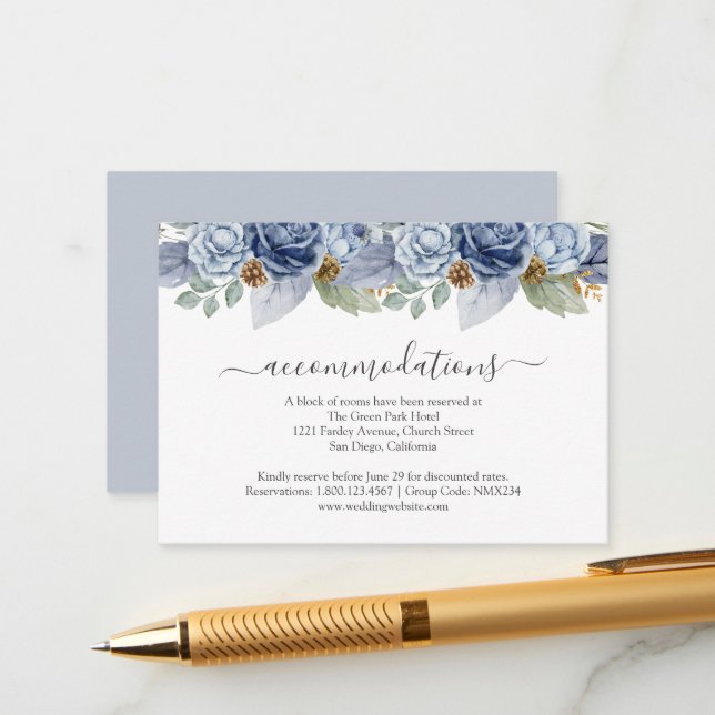 Carte D'accompagnement Mariage Floral d'hiver bleu rustique (Devant/Arrière en situation)