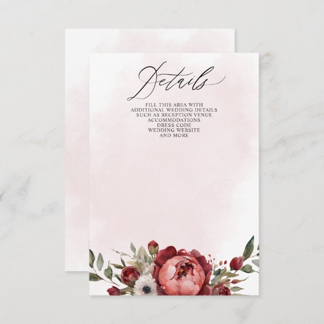 Carte D'accompagnement Mariage Floral Élégant Boho Bourgogne Blush (Devant / Derrière)
