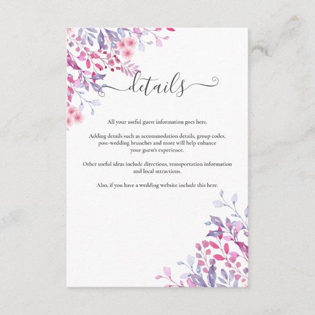 Carte D'accompagnement Mariage Floral Fleurs Sauvages Teintes Violettes (Devant)