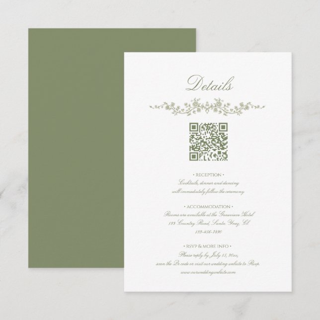 Carte D'accompagnement Mariage Floral Français Vert Sauge avec Code QR (Devant / Derrière)