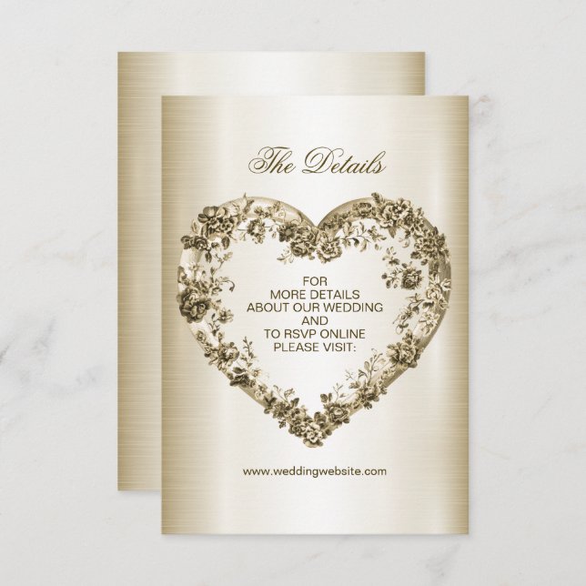 Carte D'accompagnement Mariage Floral Golden Ornate Heart Frame Élégant (Devant / Derrière)