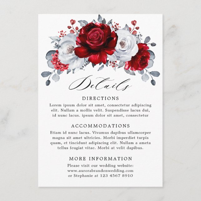 Carte D'accompagnement Mariage Floral Métallisé Rouge Royal Blanc Argent (Devant)