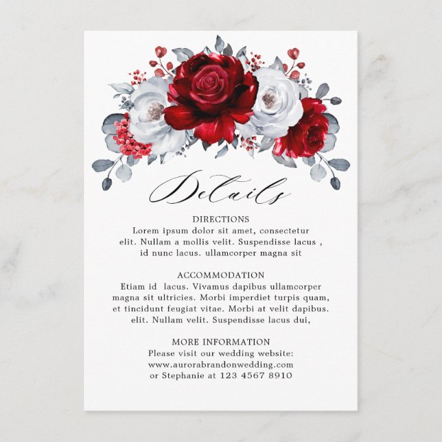 Carte D'accompagnement Mariage Floral Métallisé Rouge Royal Blanc Argent (Devant)