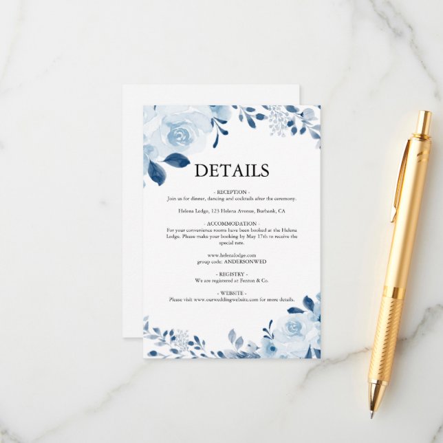 Carte D'accompagnement Mariage Floral Moderne Bleu Français (Devant/Arrière en situation)