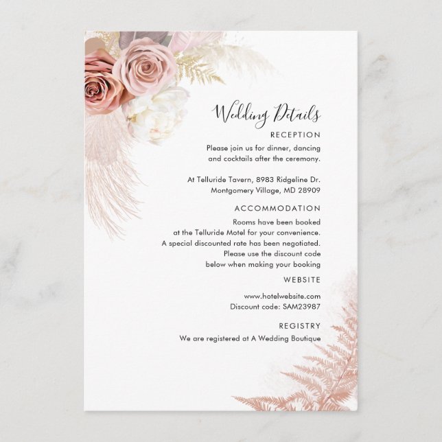 Carte D'accompagnement Mariage floral moderne Pampas Grass Terracotta (Devant)