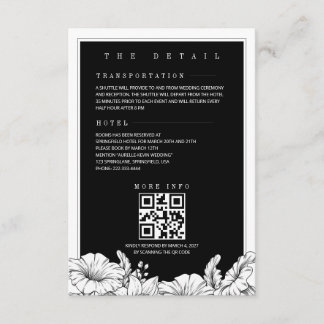 Carte D'accompagnement Mariage Floral Noir et Blanc avec Détails QR