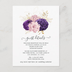 Carte D'accompagnement Mariage Floral rose et violet Détails de l'invité