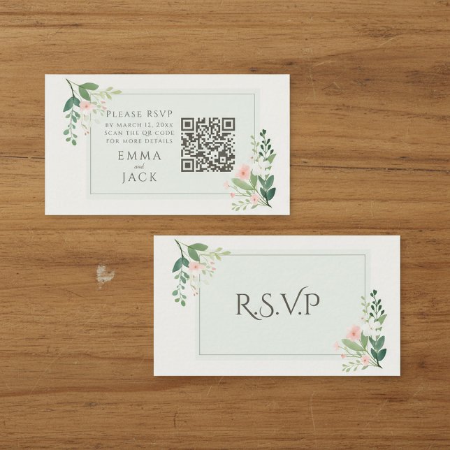Carte D'accompagnement Mariage floral rose RSVP QR Code (Pink green Floral Wedding RSVP QR Code Enclosure Card.)
