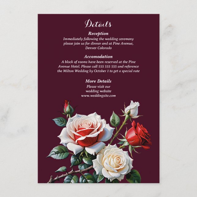 Carte D'accompagnement Mariage floral roses rose blanc rouge foncé joli (Devant)