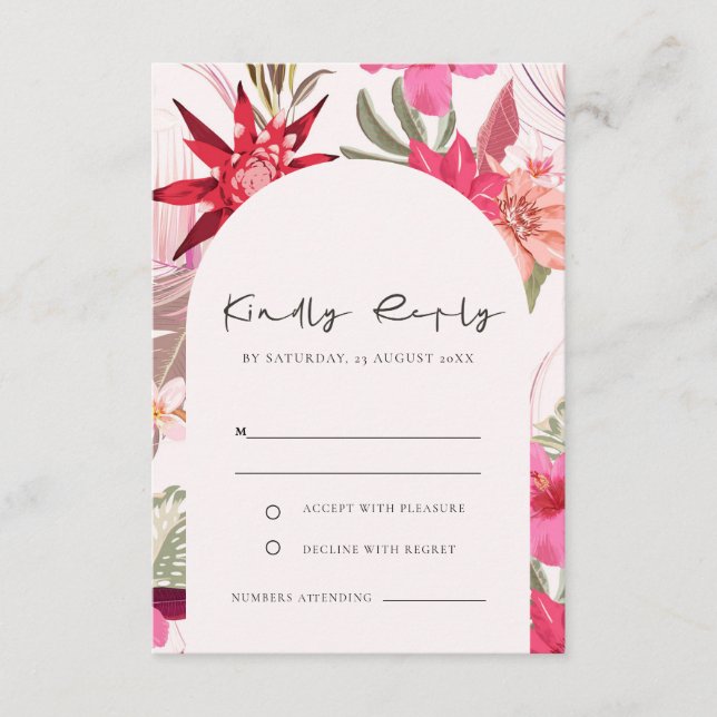 Carte D'accompagnement Mariage floral rouge boho tropical RSVP (Devant)