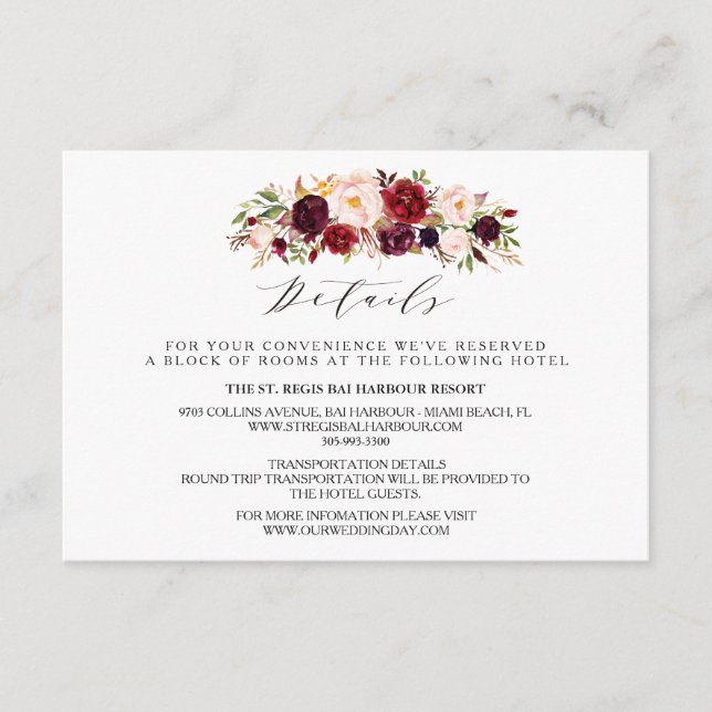 Carte D'accompagnement Mariage floral rustique Info/Détails 2-Côté-3 (Devant)