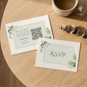 Carte D'accompagnement Mariage floral vert joli rose RSVP QR Code