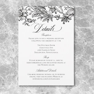 Carte D'accompagnement Mariage Floral Vintage Tapisserie Noir & Blanc