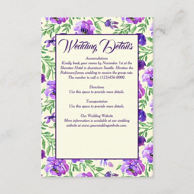 Carte D'accompagnement Mariage Floral Violet et Vert (Devant)