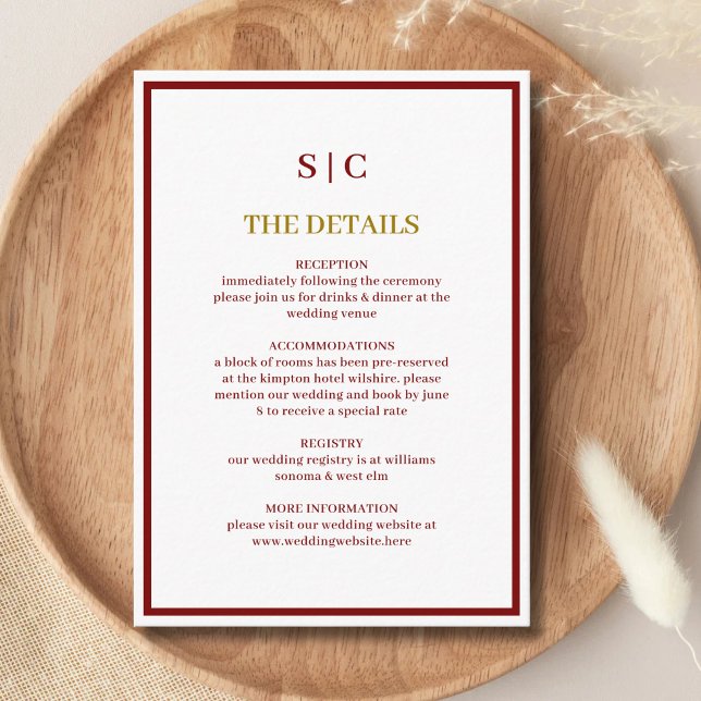 Carte D'accompagnement Mariage Formel Classique avec Monogramme en Bourgo (Burgundy and gold monogram enclosure card keeps wedding details elegant and well organized.)