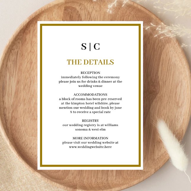 Carte D'accompagnement Mariage Formel Classique Monogramme Noir Or (Formal black and gold monogram enclosure card adds timeless elegance to wedding details.)